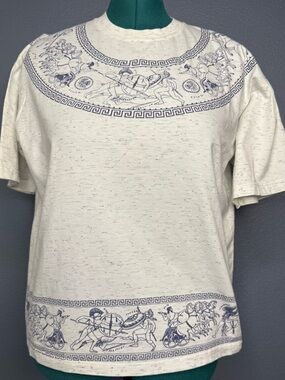 Vintage 80s Greek Mythology Graphic Tee Cream Blue Cotton Unisex Large